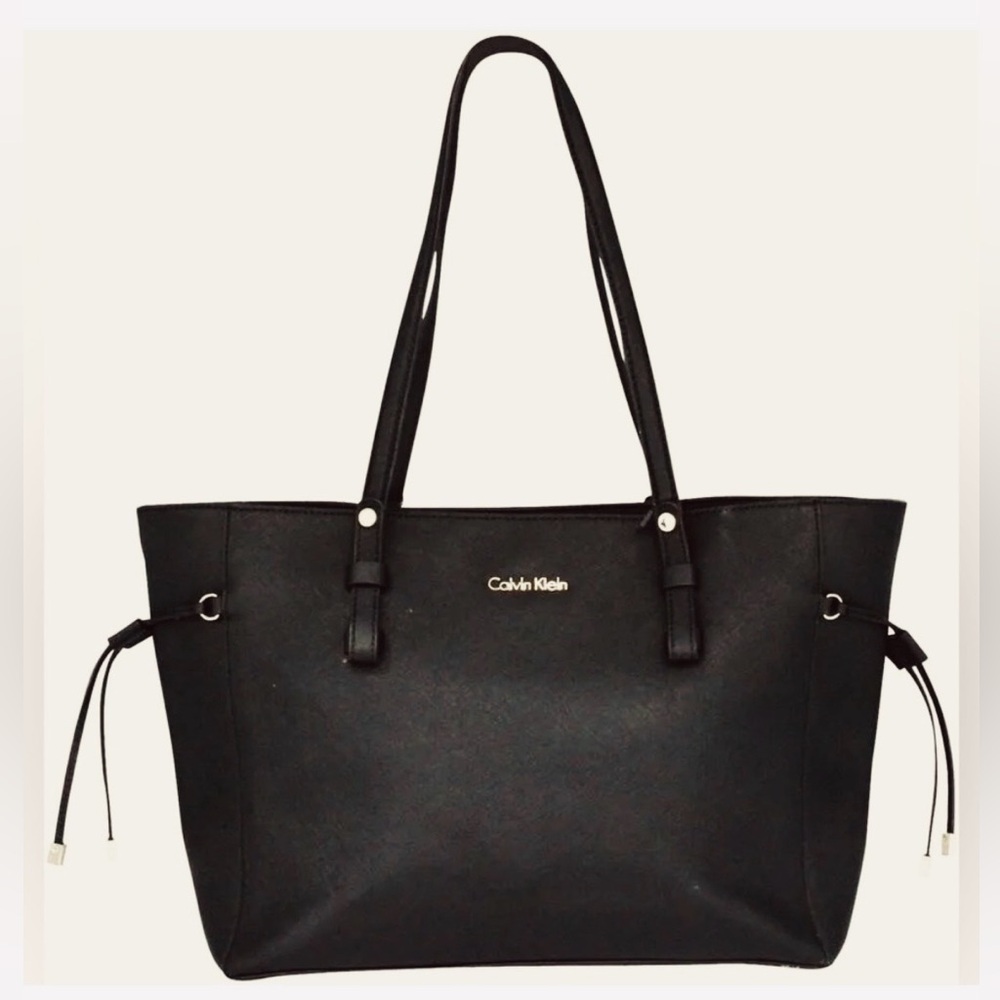 Calvin Klein Vintage Saffiano Black Leather Tote Shoulder Bag Purse Minimalist